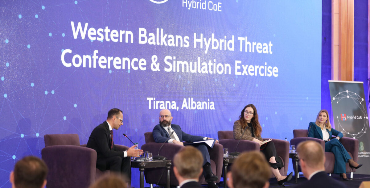 The opening panel of the conference focused on countering hybrid threats in the Western Balkans. From left: Dr. Igli Tafa, General Director of Albania’s National Cybersecurity Authority; André Rizzo, Chargé d’Affaires, EU Delegation in Tirana; Martha Turnbull, Director of the Community of Interest on Hybrid Influence at Hybrid CoE; and Blerina Abrazhda, Deputy Defence Minister of Albania.